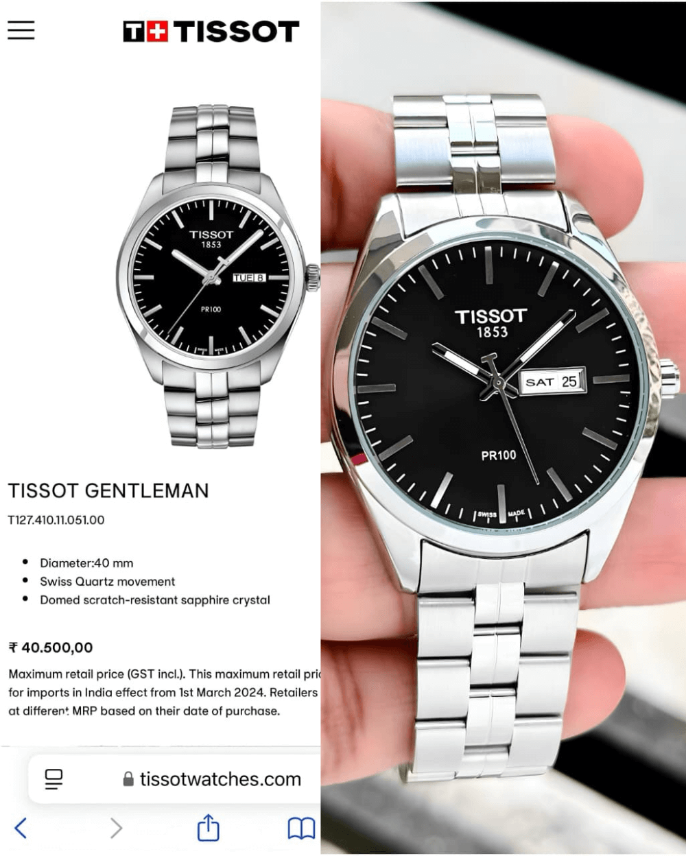Men Tisso-t Premium PR100 Day & Date