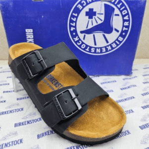 Birkenstock Arizona Black Leather With Sole Branding Sandals