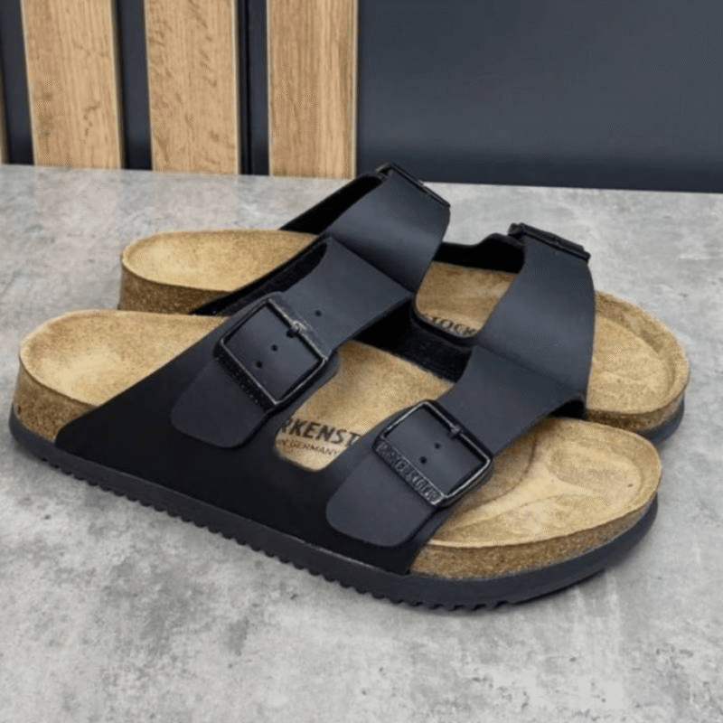 Birkenstock Arizona Black Leather With Sole Branding Sandals